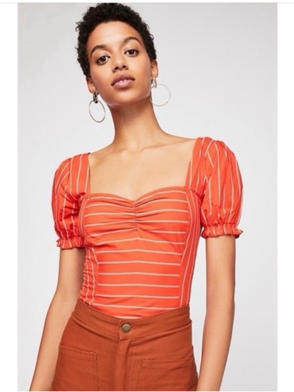 Free People Orange Striped Puff-Sleeve Square-Neck Crop Top